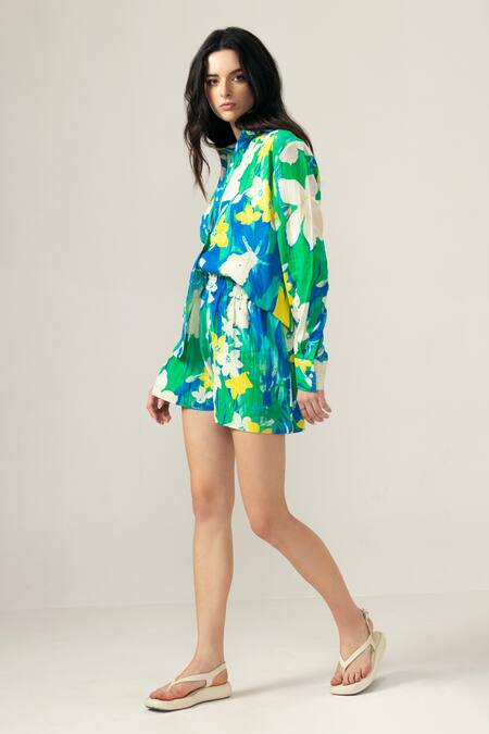 Shop_Reena Sharma_Blue Cotton Collared Floral Print Nora Co-ord Set _Online_at_Aza_Fashions