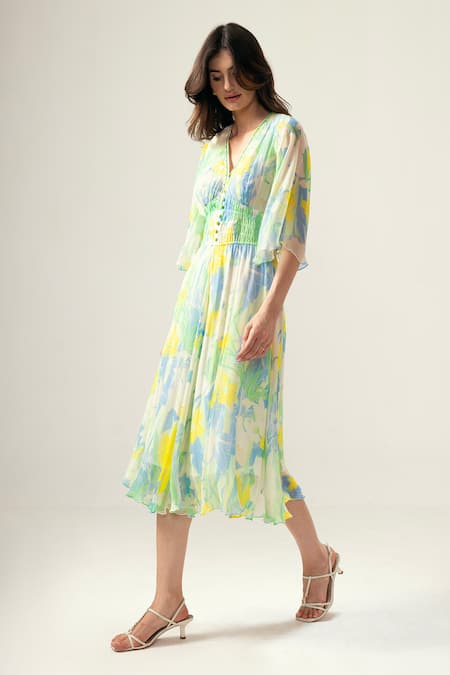 Reena Sharma_Blue Viscose, Chiffon V-neck Nora Midi Dress _Online_at_Aza_Fashions