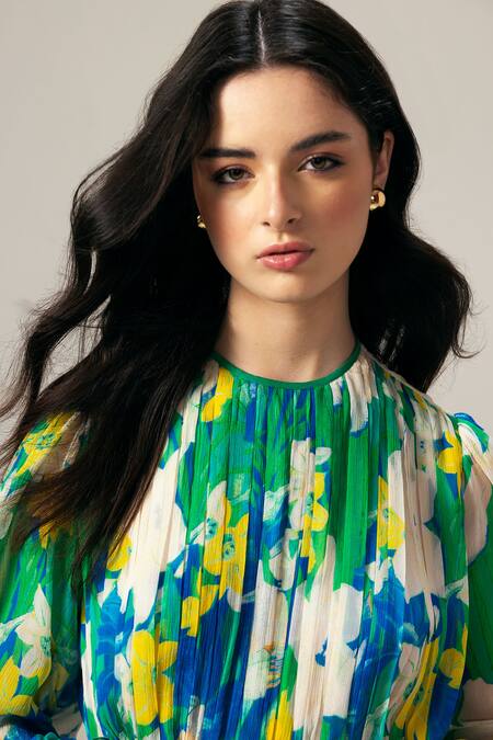 Shop_Reena Sharma_Blue Viscose, Chiffon Round Neck Nora Ruching Short Dress _Online_at_Aza_Fashions