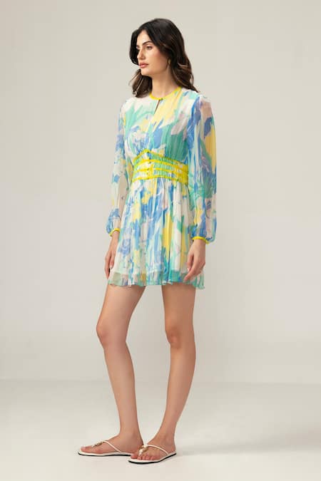 Reena Sharma_Blue Viscose, Chiffon Round Neck Nora Short Dress _Online_at_Aza_Fashions