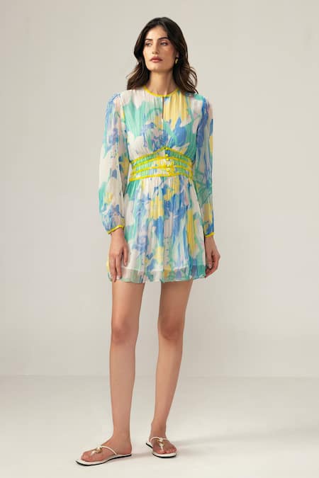 REENA SHARMA Blue Viscose, Chiffon Round Neck Nora Short Dress 