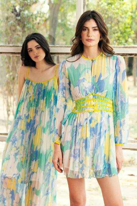 Buy_Reena Sharma_Blue Viscose, Chiffon Round Neck Nora Short Dress _Online_at_Aza_Fashions