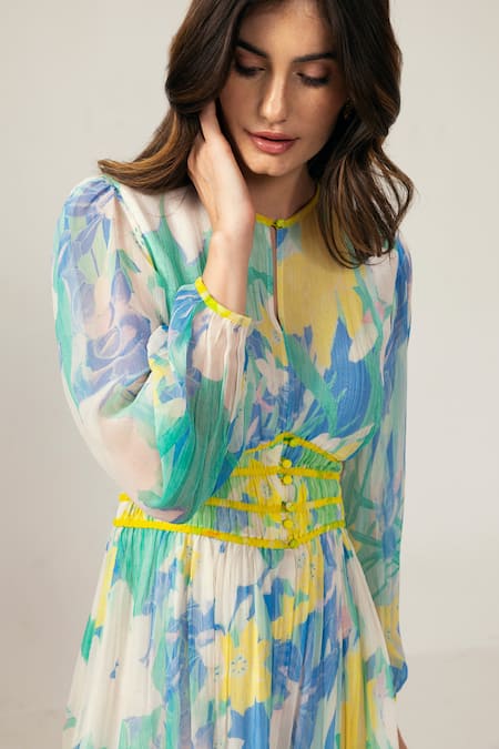 Shop_Reena Sharma_Blue Viscose, Chiffon Round Neck Nora Short Dress _Online_at_Aza_Fashions