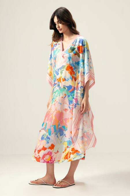 Reena Sharma_Multi Color Viscose, Chiffon V-neck Zoe Kaftan _Online_at_Aza_Fashions