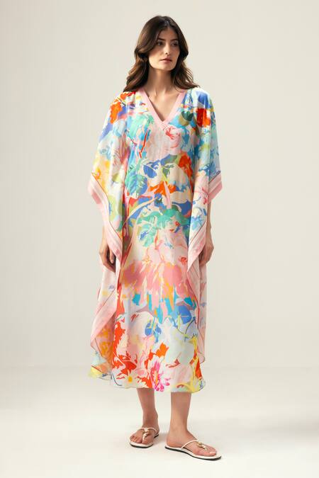 Buy_Reena Sharma_Multi Color Viscose, Chiffon V-neck Zoe Kaftan _Online_at_Aza_Fashions