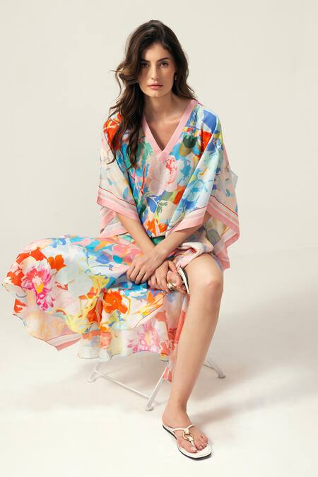 Shop_Reena Sharma_Multi Color Viscose, Chiffon V-neck Zoe Kaftan _Online_at_Aza_Fashions
