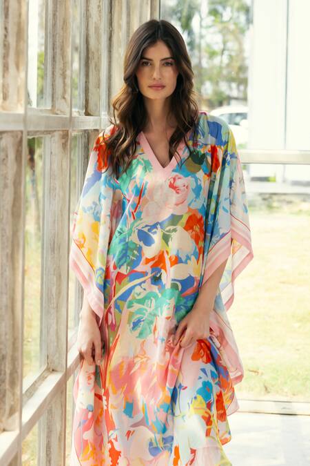 Reena Sharma_Multi Color Viscose, Chiffon V-neck Zoe Kaftan _at_Aza_Fashions