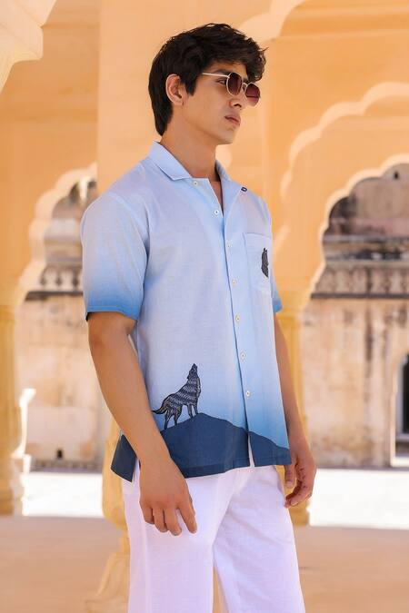 Raw & Rustic By Niti Bothra_Blue Linen, Cotton, Tencel Embroidery Wolf Cuban Collar Shirt _Online_at_Aza_Fashions