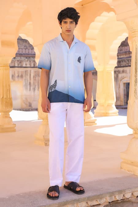Buy_Raw & Rustic By Niti Bothra_Blue Linen, Cotton, Tencel Embroidery Wolf Cuban Collar Shirt _Online_at_Aza_Fashions