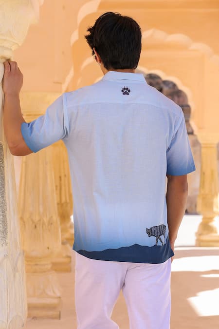 Shop_Raw & Rustic By Niti Bothra_Blue Linen, Cotton, Tencel Embroidery Wolf Cuban Collar Shirt _at_Aza_Fashions