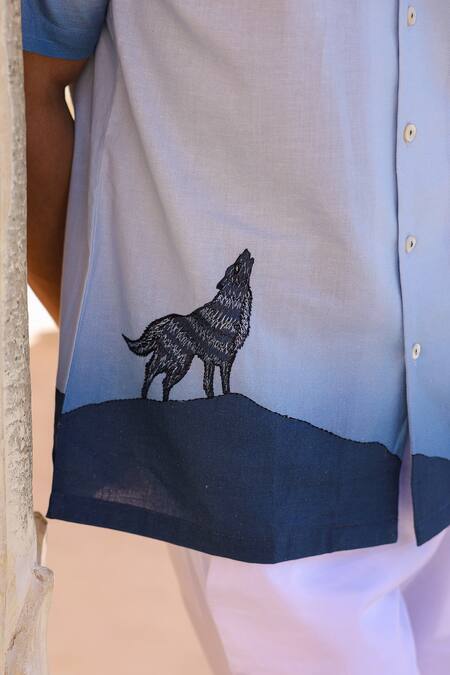 Raw & Rustic By Niti Bothra_Blue Linen, Cotton, Tencel Embroidery Wolf Cuban Collar Shirt _at_Aza_Fashions