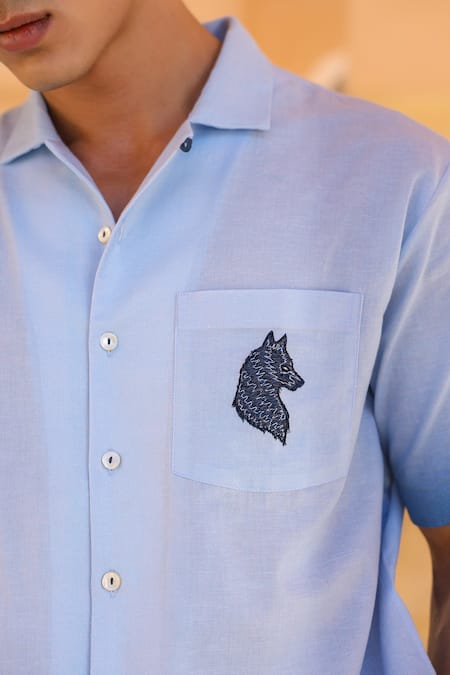 Buy_Raw & Rustic By Niti Bothra_Blue Linen, Cotton, Tencel Embroidery Wolf Cuban Collar Shirt 