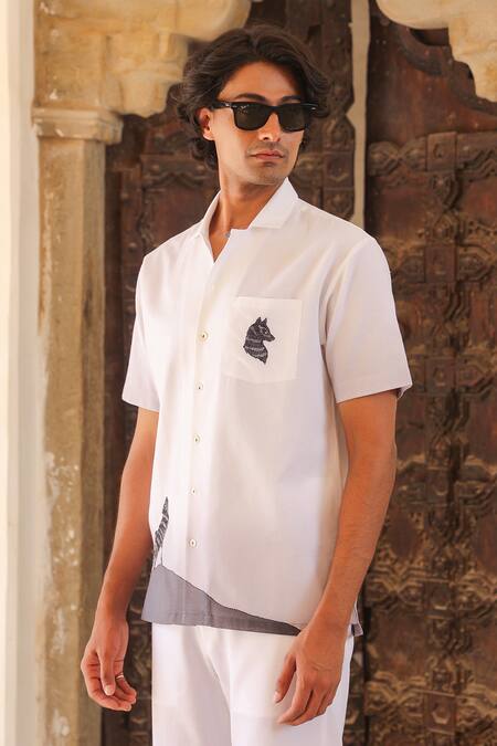 Raw & Rustic By Niti Bothra_White Cotton, Linen, Tencel Embroidery Cuban Collar Shirt _Online_at_Aza_Fashions