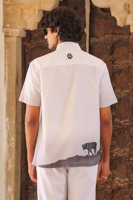 Shop_Raw & Rustic By Niti Bothra_White Cotton, Linen, Tencel Embroidery Cuban Collar Shirt _at_Aza_Fashions