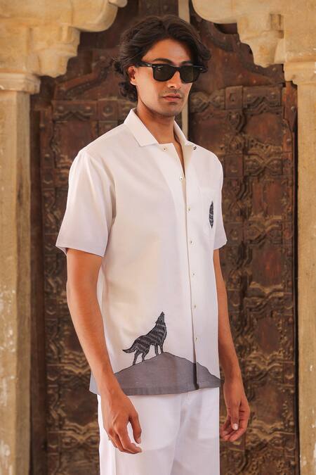 Buy_Raw & Rustic By Niti Bothra_White Cotton, Linen, Tencel Embroidery Cuban Collar Shirt _Online_at_Aza_Fashions