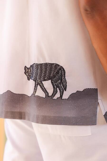 Shop_Raw & Rustic By Niti Bothra_White Cotton, Linen, Tencel Embroidery Cuban Collar Shirt _Online_at_Aza_Fashions