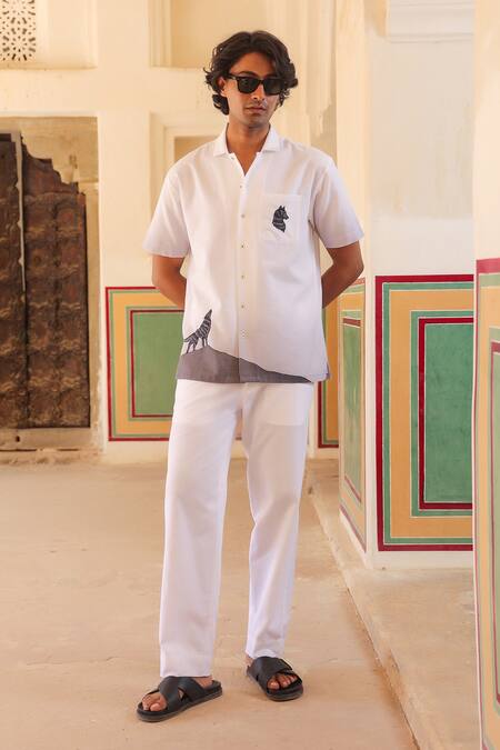 Buy_Raw & Rustic By Niti Bothra_White Cotton, Linen, Tencel Embroidery Cuban Collar Shirt 