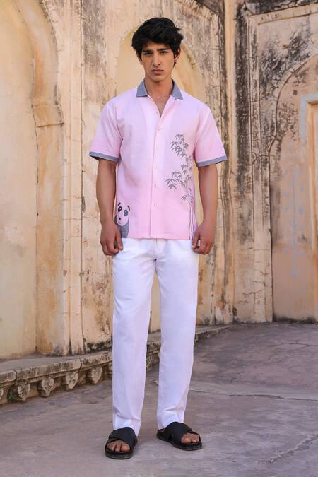 Buy_Raw & Rustic By Niti Bothra_Pink Linen, Cotton, Tencel Embroidery Panda Cuban Collar Shirt _Online_at_Aza_Fashions
