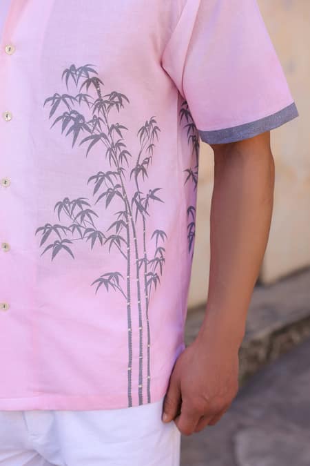 Shop_Raw & Rustic By Niti Bothra_Pink Linen, Cotton, Tencel Embroidery Panda Cuban Collar Shirt _Online_at_Aza_Fashions