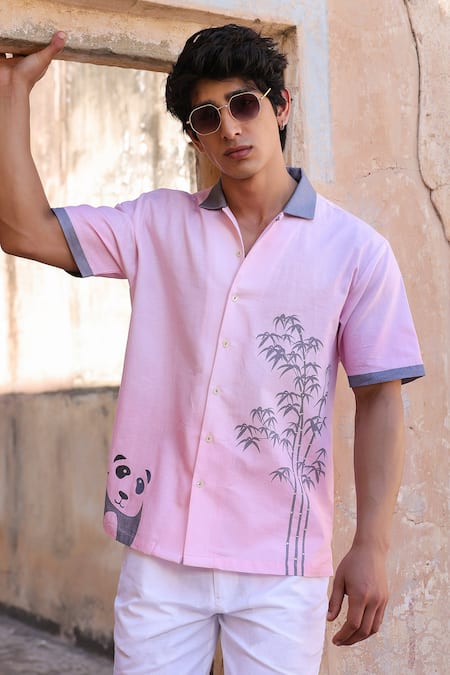 Raw & Rustic By Niti Bothra_Pink Linen, Cotton, Tencel Embroidery Panda Cuban Collar Shirt _at_Aza_Fashions