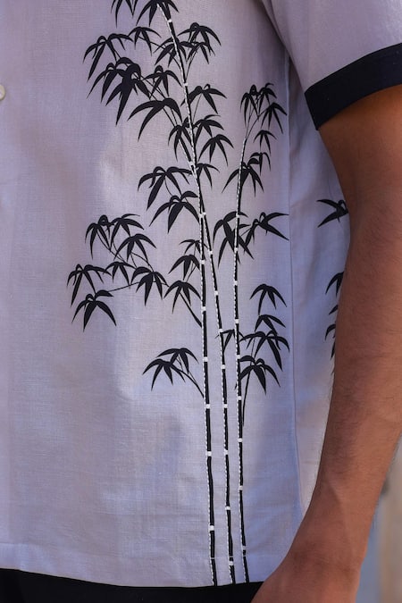 Buy_Raw & Rustic By Niti Bothra_Ivory Linen, Cotton, Tencel Embroidery Cuban Collar Panda Shirt _Online_at_Aza_Fashions