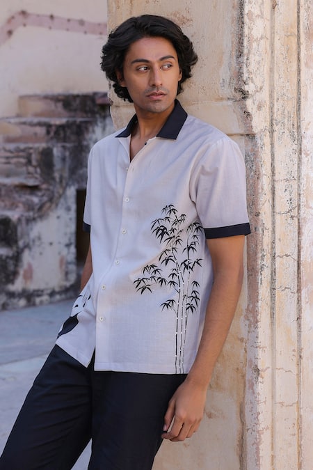 Raw & Rustic by Niti Bothra Cuban Collar Panda Embroidered Shirt 