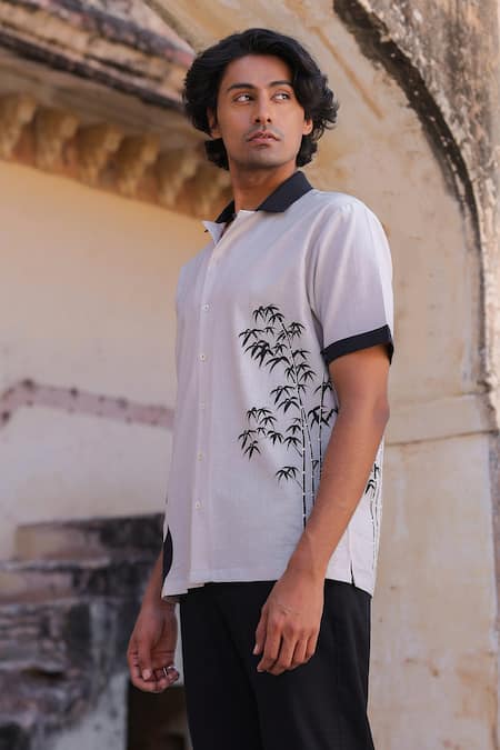 Shop_Raw & Rustic By Niti Bothra_Ivory Linen, Cotton, Tencel Embroidery Cuban Collar Panda Shirt _Online_at_Aza_Fashions