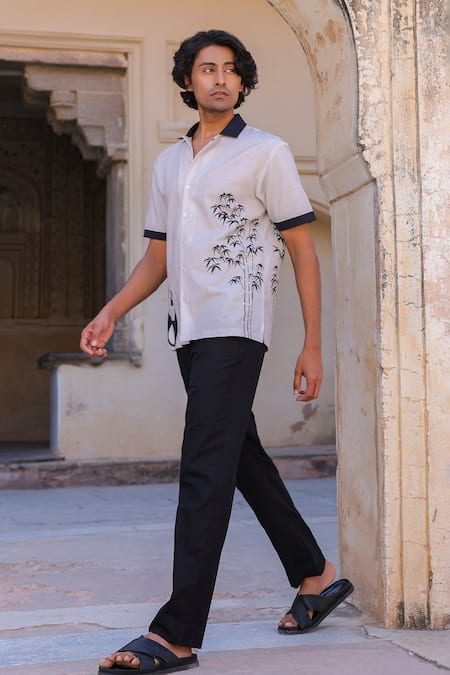 Buy_Raw & Rustic By Niti Bothra_Ivory Linen, Cotton, Tencel Embroidery Cuban Collar Panda Shirt 