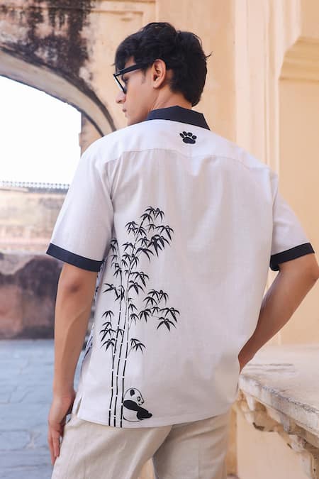 Shop_Raw & Rustic By Niti Bothra_White Linen, Cotton, Tencel Embroidery Panda Cuban Collar Shirt _at_Aza_Fashions
