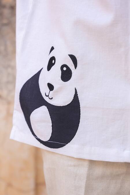 Raw & Rustic By Niti Bothra_White Linen, Cotton, Tencel Embroidery Panda Cuban Collar Shirt _Online_at_Aza_Fashions