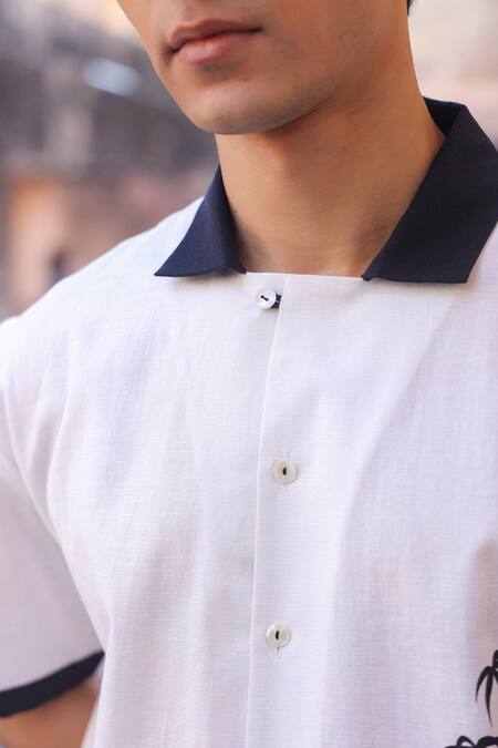Buy_Raw & Rustic By Niti Bothra_White Linen, Cotton, Tencel Embroidery Panda Cuban Collar Shirt _Online_at_Aza_Fashions