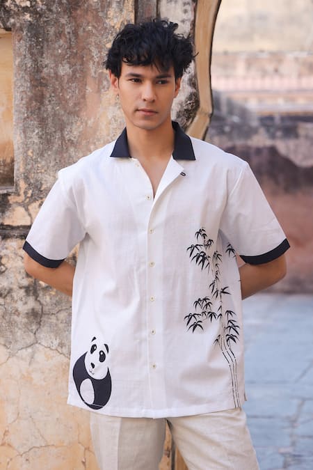 Raw & Rustic by Niti Bothra Panda Embroidered Cuban Collar Shirt 