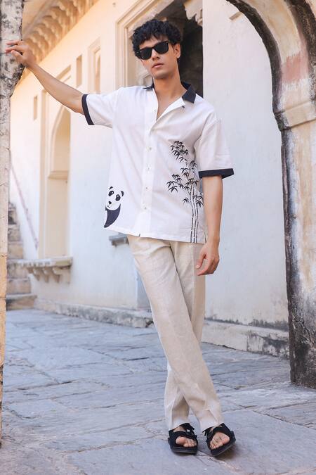 Shop_Raw & Rustic By Niti Bothra_White Linen, Cotton, Tencel Embroidery Panda Cuban Collar Shirt _Online_at_Aza_Fashions