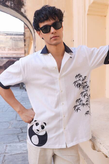 Raw & Rustic By Niti Bothra_White Linen, Cotton, Tencel Embroidery Panda Cuban Collar Shirt _at_Aza_Fashions