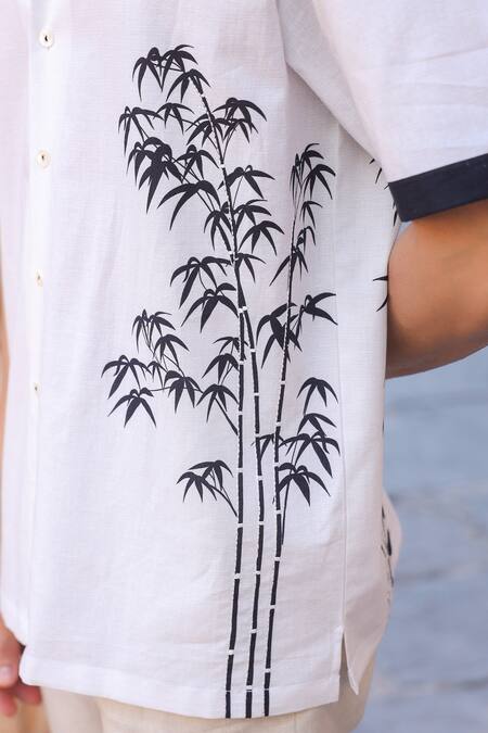 Buy_Raw & Rustic By Niti Bothra_White Linen, Cotton, Tencel Embroidery Panda Cuban Collar Shirt 