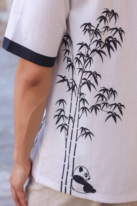 Shop_Raw & Rustic By Niti Bothra_White Linen, Cotton, Tencel Embroidery Panda Cuban Collar Shirt 