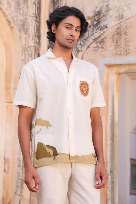 Raw & Rustic By Niti Bothra Lion Embroidered Cuban Collar Shirt 