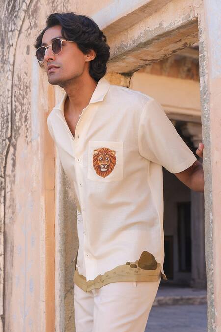 Raw & Rustic By Niti Bothra_Yellow Cotton, Linen, Tencel Embroidery Lion Cuban Collar Shirt _Online_at_Aza_Fashions