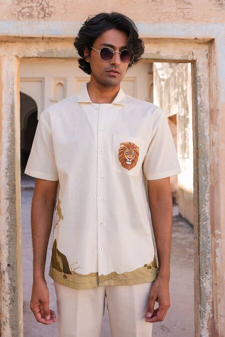 Buy_Raw & Rustic By Niti Bothra_Yellow Cotton, Linen, Tencel Embroidery Lion Cuban Collar Shirt _Online_at_Aza_Fashions