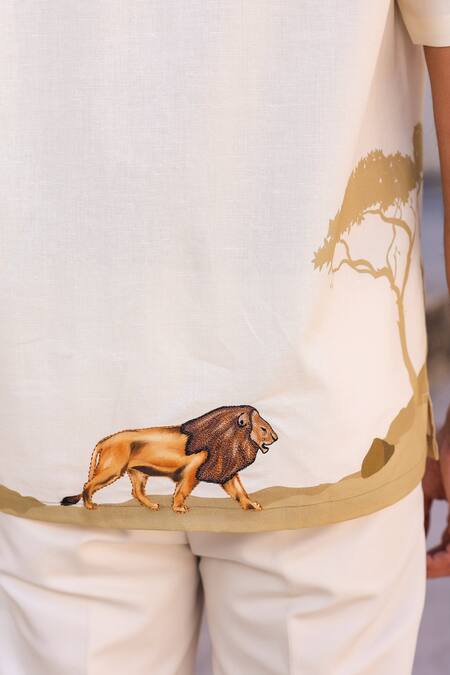 Raw & Rustic By Niti Bothra_Yellow Cotton, Linen, Tencel Embroidery Lion Cuban Collar Shirt _at_Aza_Fashions