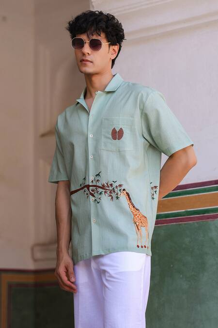 Raw & Rustic By Niti Bothra_Green Linen, Cotton, Tencel Embroidery Giraffe Cuban Collar Shirt _Online_at_Aza_Fashions