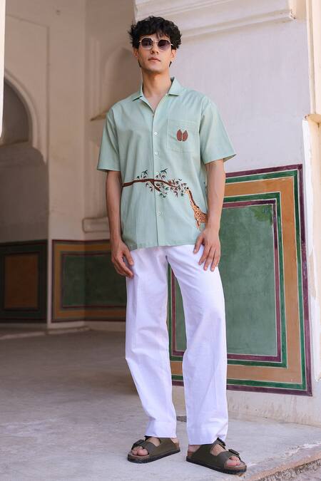 Buy_Raw & Rustic By Niti Bothra_Green Linen, Cotton, Tencel Embroidery Giraffe Cuban Collar Shirt _Online_at_Aza_Fashions