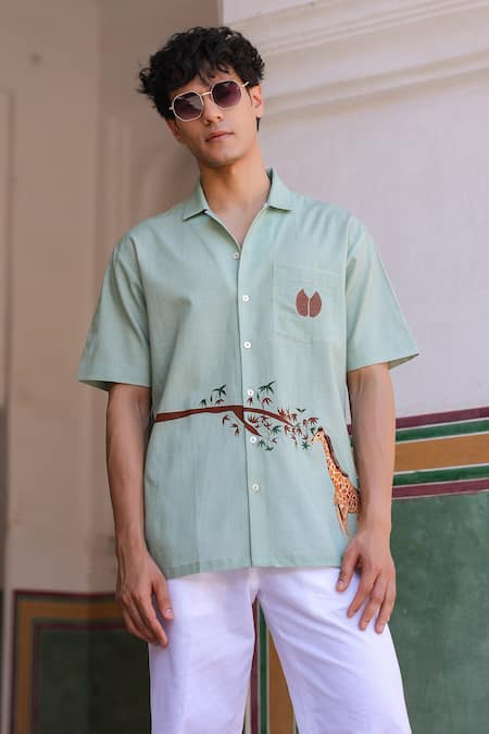 Raw & Rustic by Niti Bothra Giraffe Embroidered Cuban Collar Shirt 
