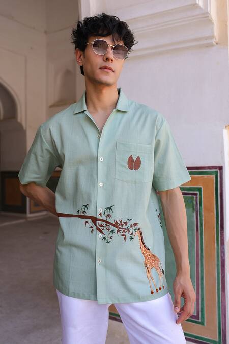 Shop_Raw & Rustic By Niti Bothra_Green Linen, Cotton, Tencel Embroidery Giraffe Cuban Collar Shirt _Online_at_Aza_Fashions