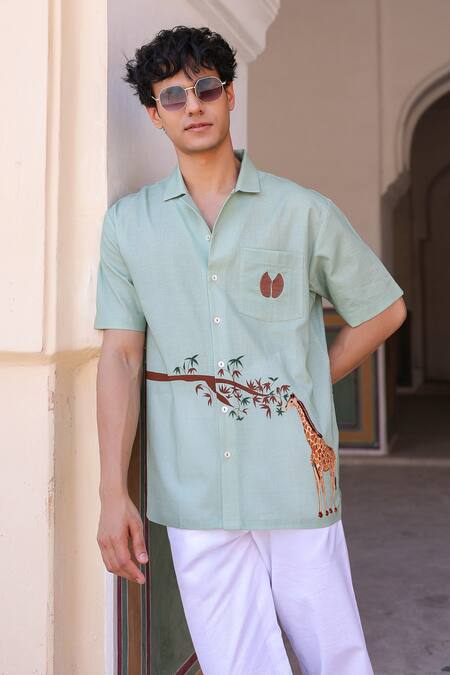 Raw & Rustic By Niti Bothra_Green Linen, Cotton, Tencel Embroidery Giraffe Cuban Collar Shirt _at_Aza_Fashions