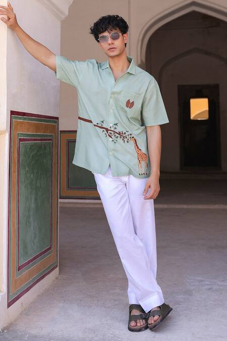 Buy_Raw & Rustic By Niti Bothra_Green Linen, Cotton, Tencel Embroidery Giraffe Cuban Collar Shirt 