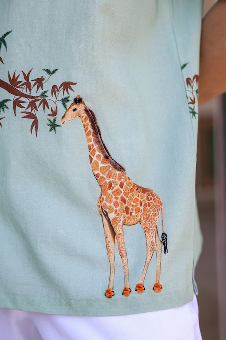 Shop_Raw & Rustic By Niti Bothra_Green Linen, Cotton, Tencel Embroidery Giraffe Cuban Collar Shirt 