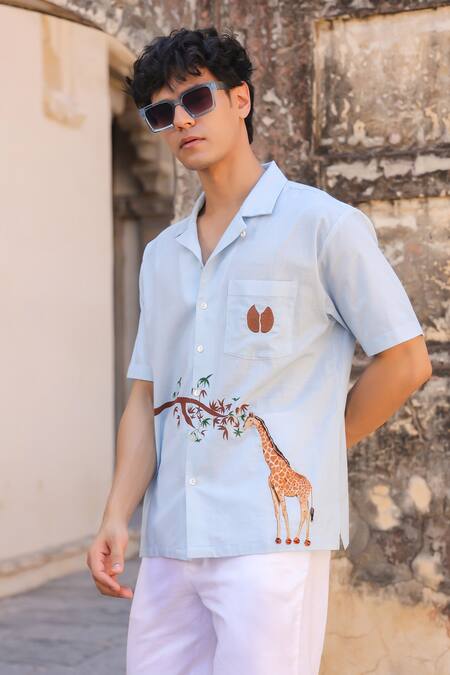 Raw & Rustic By Niti Bothra_Sky Blue Cotton, Linen, Tencel Embroidery Giraffe Cuban Collar Shirt _Online_at_Aza_Fashions