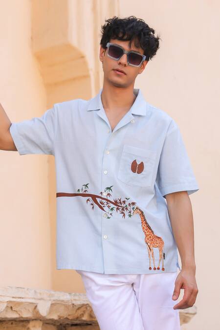 Buy_Raw & Rustic By Niti Bothra_Sky Blue Cotton, Linen, Tencel Embroidery Giraffe Cuban Collar Shirt _Online_at_Aza_Fashions