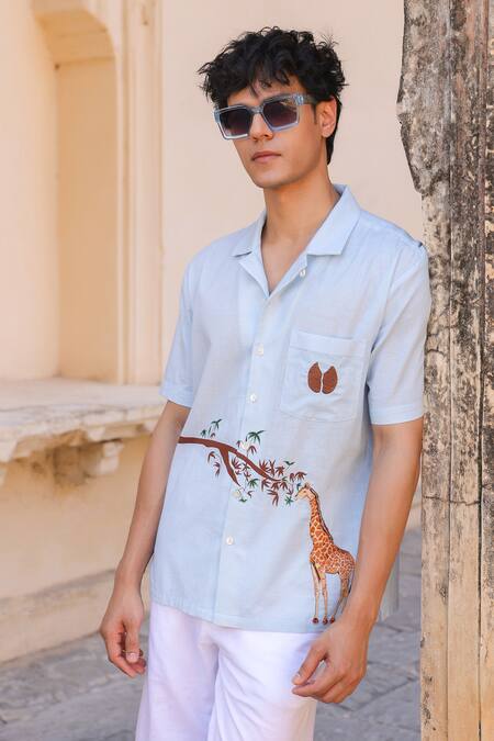 Raw & Rustic By Niti Bothra_Sky Blue Cotton, Linen, Tencel Embroidery Giraffe Cuban Collar Shirt _at_Aza_Fashions